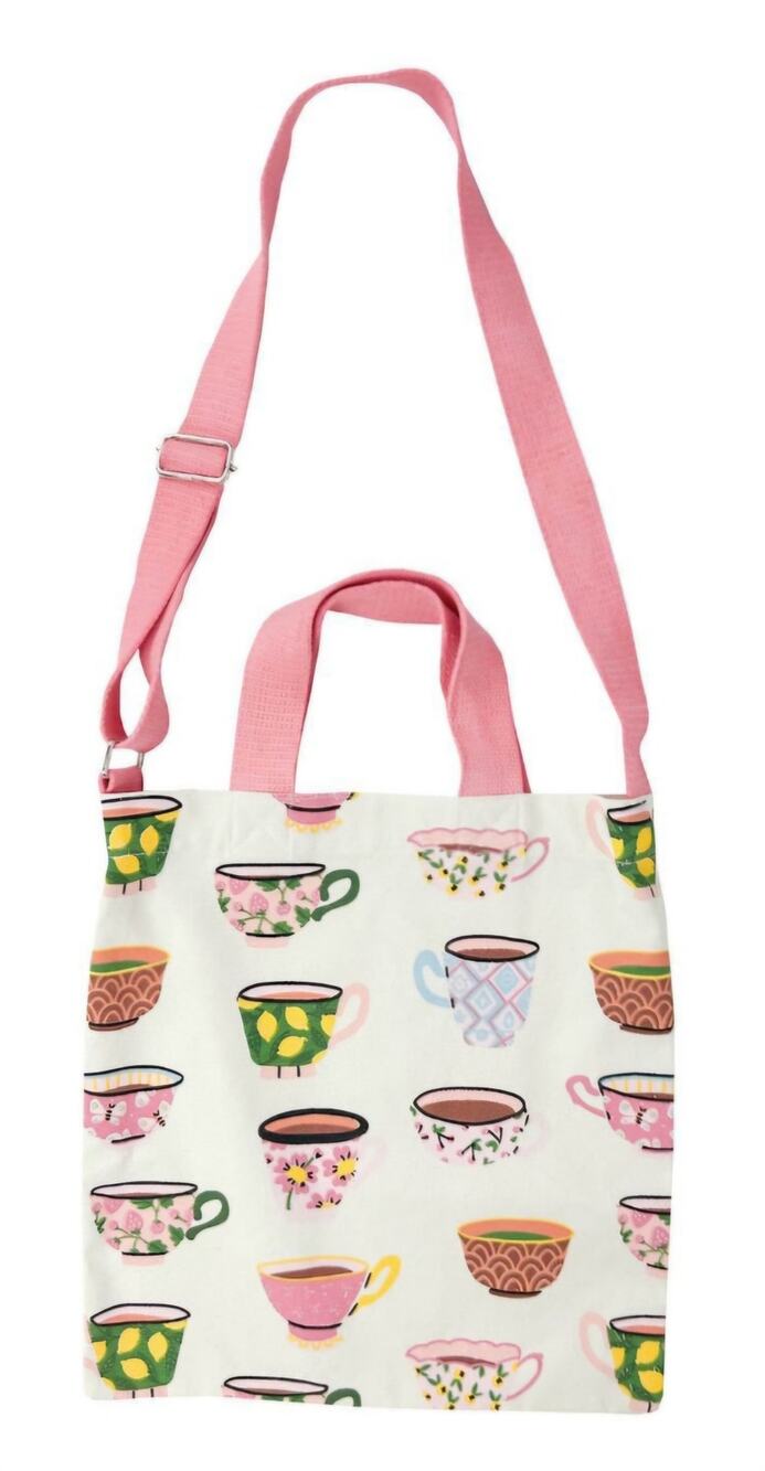 Large Crossbody Reusable Tote Bag Canvas Ivory Adjustable Strap Coffee Cup NWT